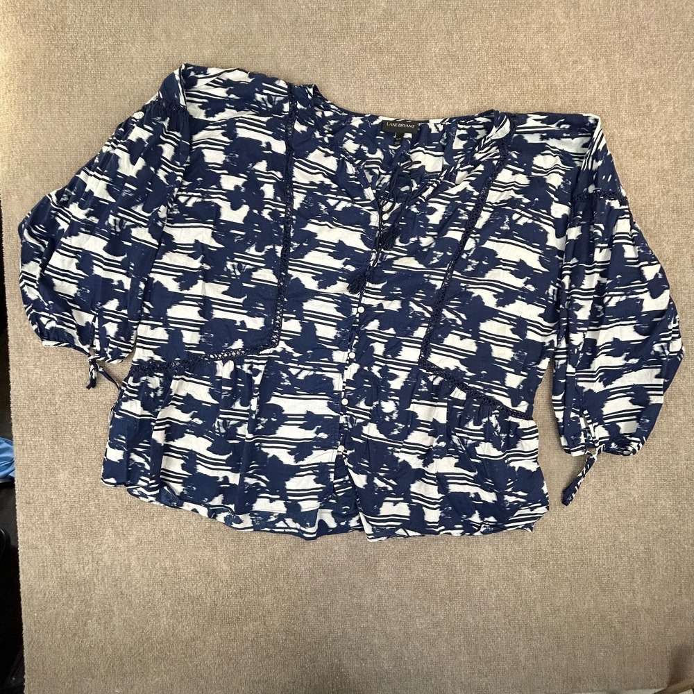 Lane Bryant Blouse Top Womens 26/28 Blue‎ Floral Cotton Button Front Tie Sleeve